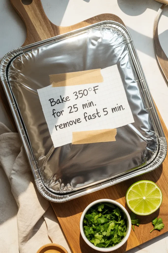 Foil-covered freezer chicken enchiladas in an aluminum 9x13 pan labeled with reheat instructions