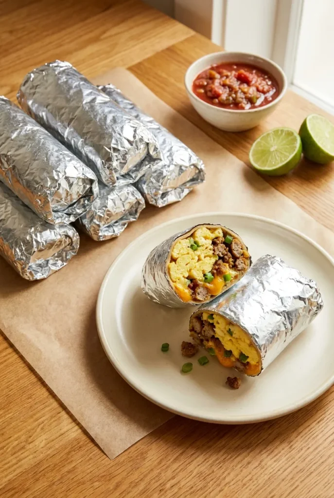 Foil-wrapped make-ahead breakfast burritos with one sliced open showing eggs, turkey sausage, and cheddar.