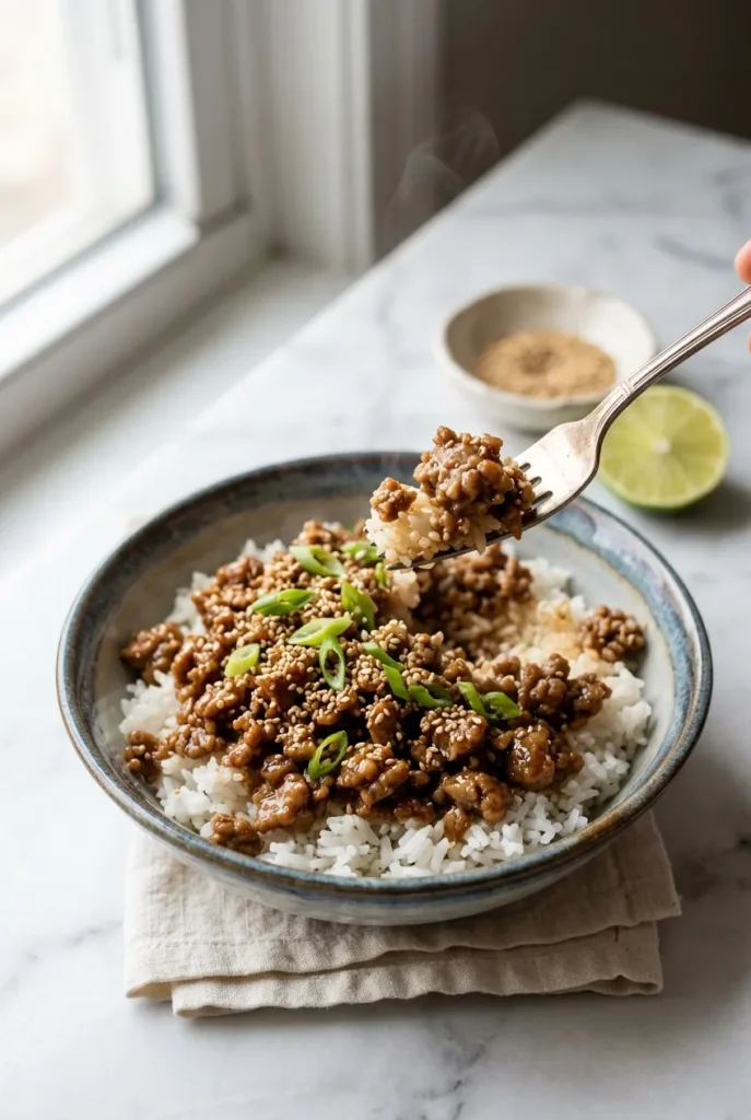 Fork lifting a bite of Korean ground turkey rice bowl with sesame seeds and steam rising.