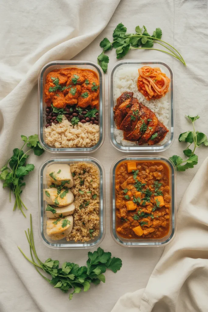 Four Instant Pot meal prep lunches in glass containers including salsa chicken, Korean pork, Mediterranean chicken, and lentil curry.