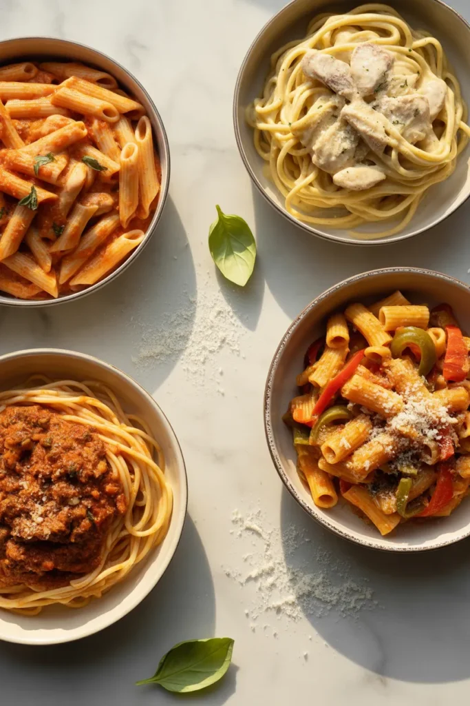 Four Italian-American one pot pasta recipes laid out in matte ceramic bowls including creamy tomato penne, chicken Alfredo, spaghetti meat sauce, and sausage rigatoni.