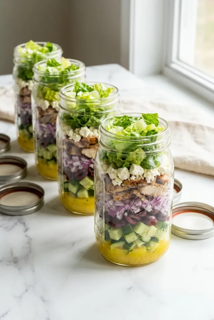 Four Mediterranean keto mason jar salads layered with chicken, feta, olives, cucumber, and romaine.