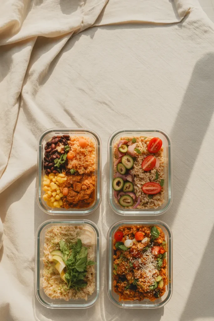 Four cuisine-pivoted grain bowl meal prep containers in a 2x2 grid on cream linen, vertical Pinterest layout.