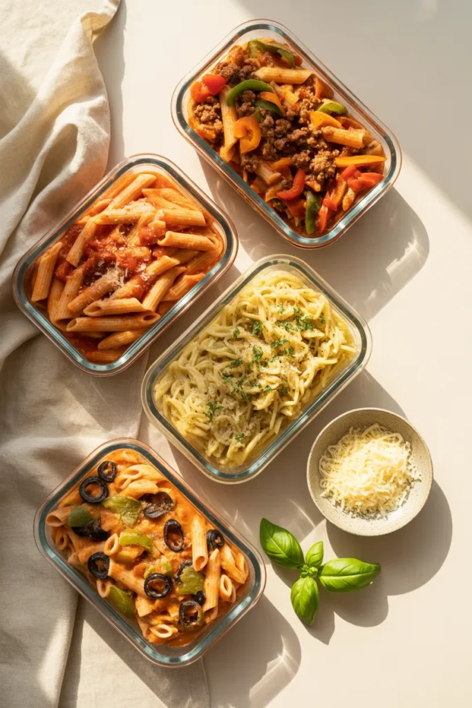 Four glass meal prep containers filled with creamy tomato pasta, ground beef taco pasta, chicken orzo, and Mediterranean vegetable pasta on a cream linen tablecloth.