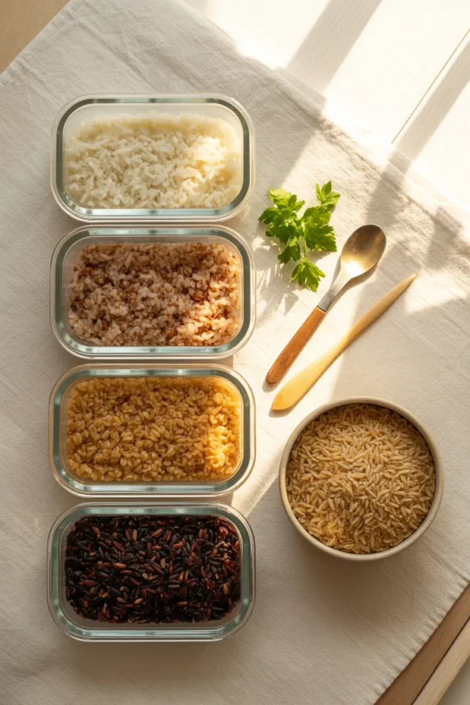 Four glass meal prep containers filled with jasmine rice, brown rice, farro, and wild rice blend on a cream linen surface.