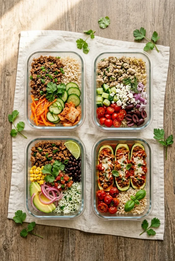 Four glass meal prep containers with Korean, Greek, Tex-Mex, and Italian ground turkey meals on cream linen.