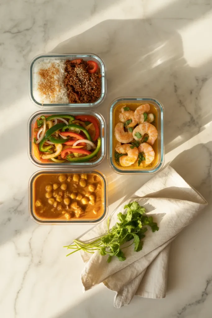 Four glass meal prep containers with Korean beef, fajitas, garlic shrimp, and chickpea curry on marble.