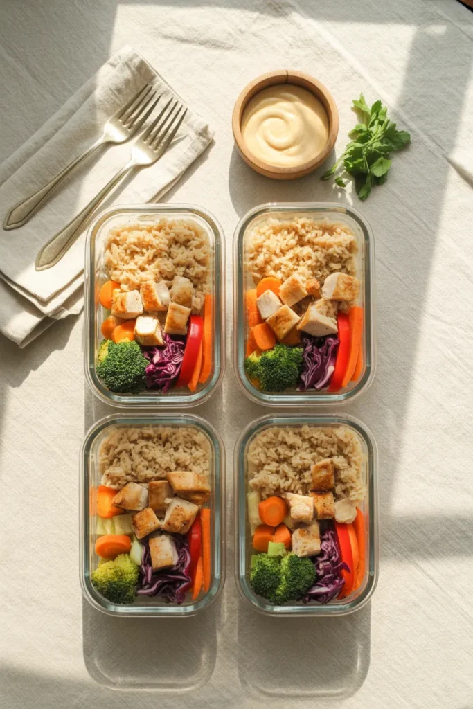Four glass meal prep containers with sheet pan chicken, brown rice, and rainbow vegetables for the week