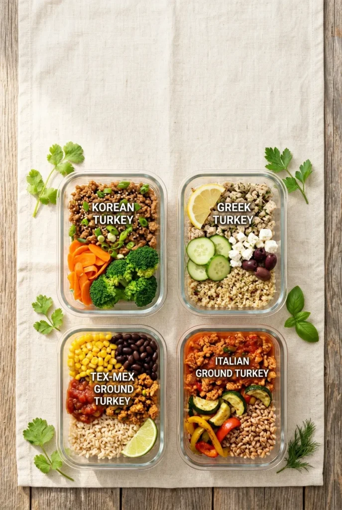 Four ground turkey meal prep recipes in glass containers on cream linen, vertical Pinterest cover image.