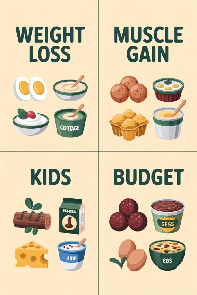 Four healthy snack meal prep rotations for weight loss, muscle gain, kids, and budget shown as a visual grid.