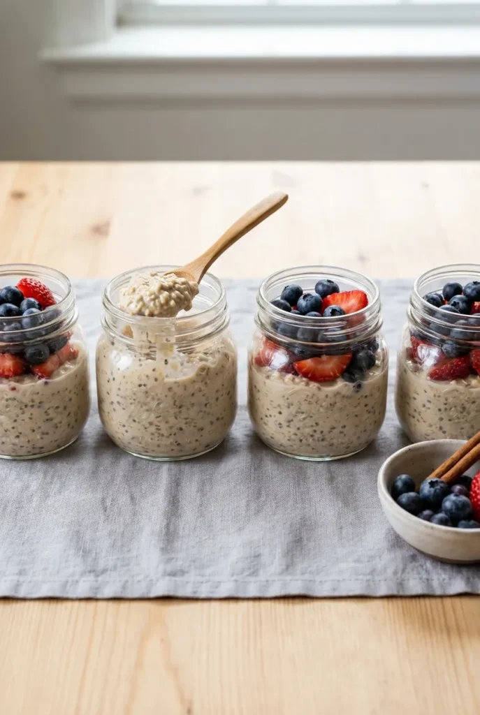 Four jars of overnight oats with cottage cheese topped with blueberries and sliced strawberries.