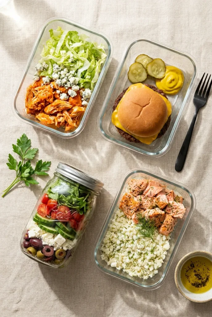 Four keto lunch meal prep containers in glass with chicken, beef, salmon, and salad layered for work week.