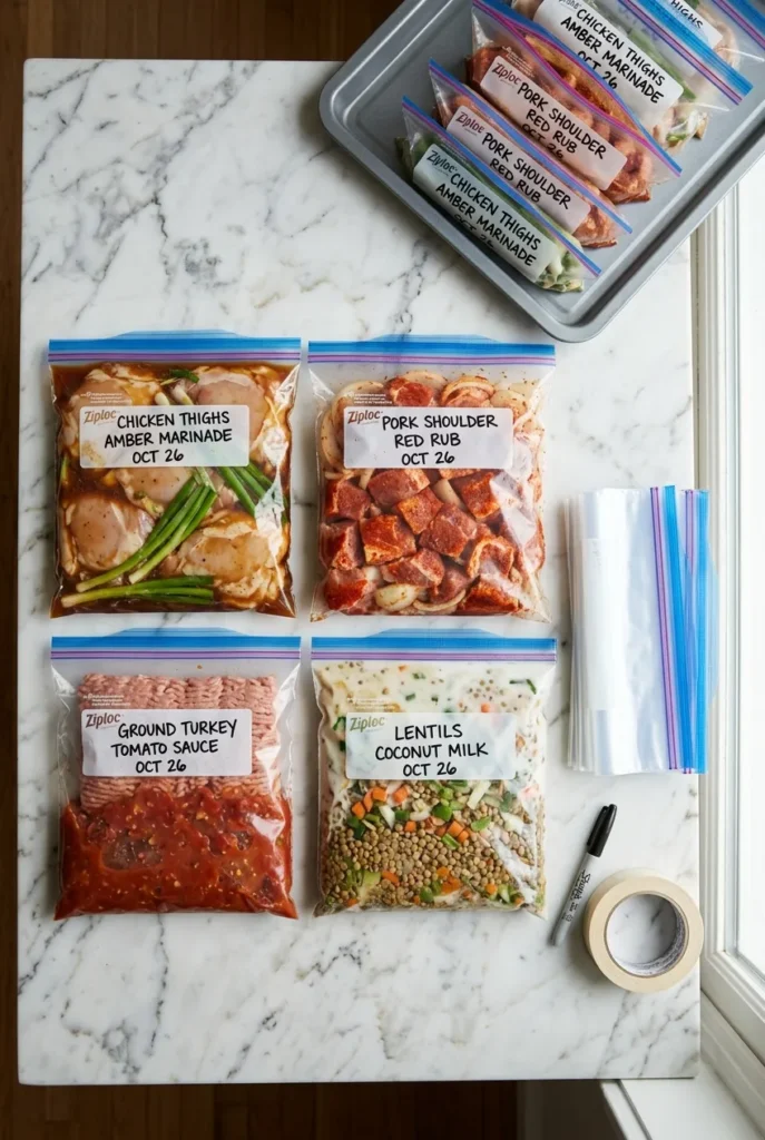 Four labeled gallon freezer bags filled with slow cooker meal prep ingredients laid flat on a marble countertop.