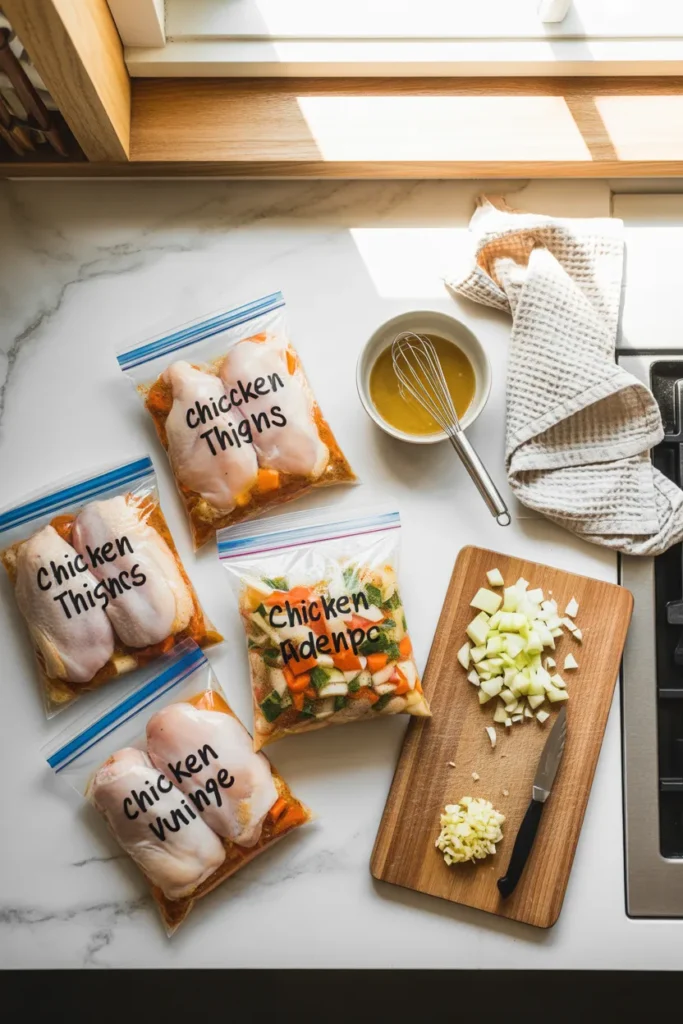 Four labeled gallon freezer dump bags being filled with chicken thighs and vegetables for freezer meal prep