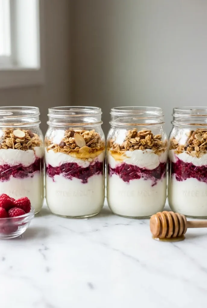Four mason jar Greek yogurt parfaits layered with raspberries, honey, and granola on white marble.