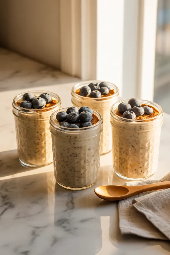 Four mason jars of vanilla cinnamon overnight oats topped with blueberries for weekly meal prep.