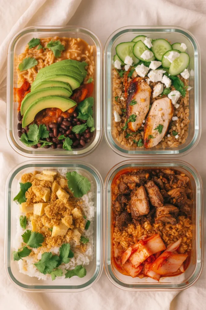Four meal prep bowls in a grid showing Tex-Mex, Mediterranean farro, Thai coconut rice, and Korean grain bowl variations.