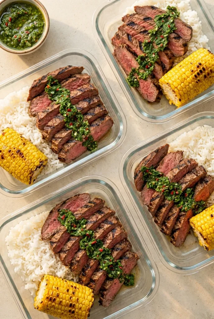 An overhead flat lay of four matching glass containers on a creamy concrete countertop, each holding fanned slices of medium-rare grilled flank steak with visible diagonal grill marks across the surface, the meat sliced thin against the grain. A vibrant emerald-green chimichurri sauce is spooned over the steak with flecks of red chili and oregano visible, served alongside fluffy white rice and a quarter of grilled corn on the cob still showing dark char spots, a small ramekin of extra chimichurri sits in the upper left corner, photo-realistic editorial style, soft late-afternoon natural light.