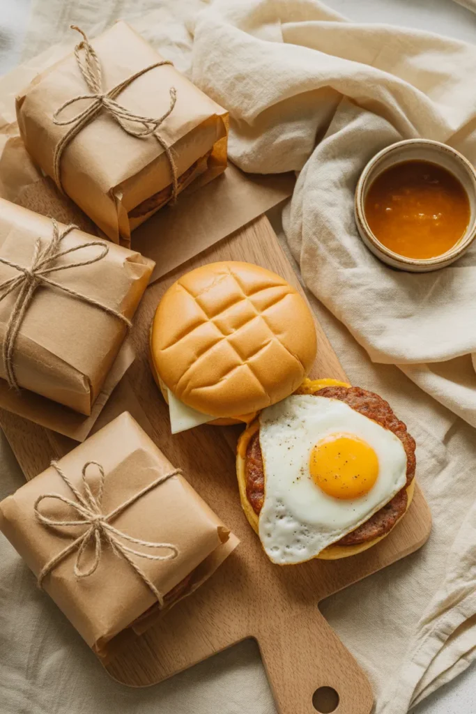Four parchment-wrapped keto breakfast sandwiches with chaffle buns, sausage, and egg on a wood board.