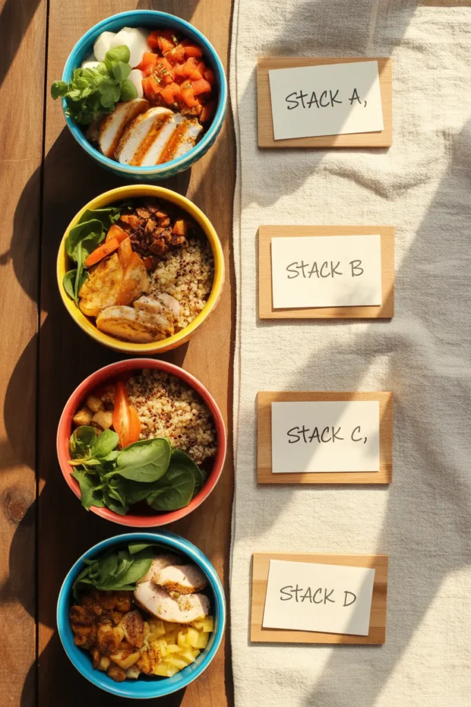 Four vegan protein meal prep bowls showing how to combine tofu, tempeh, lentils, and pea protein to hit 40 grams of protein per meal.