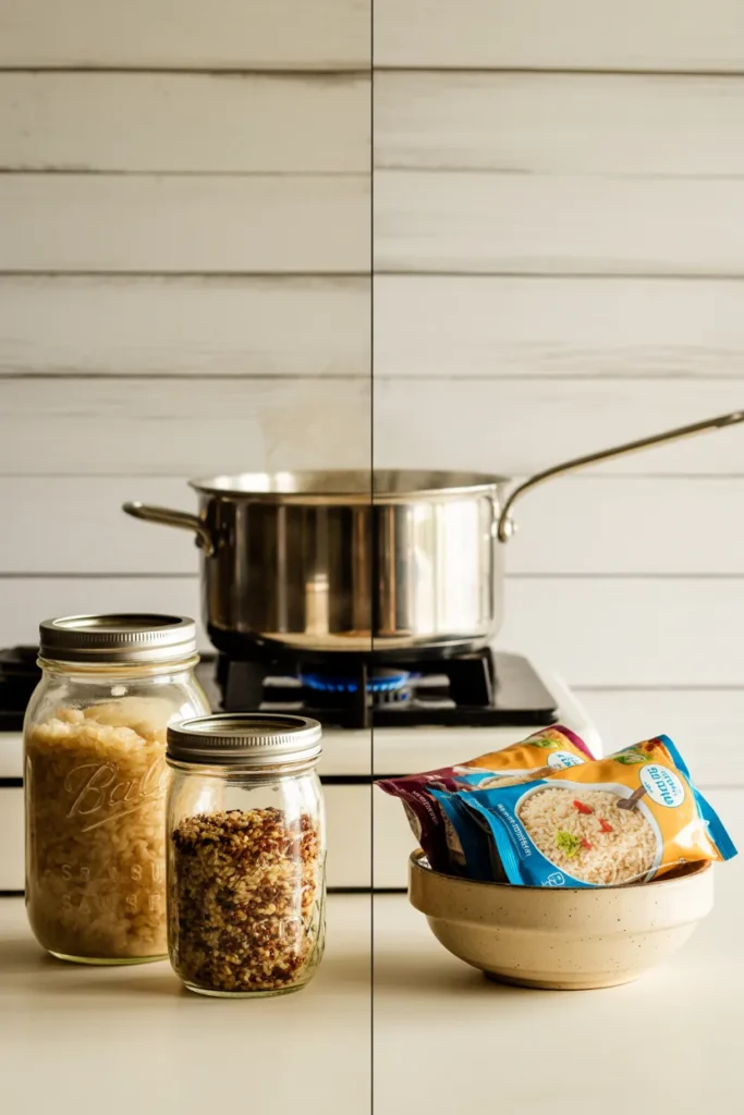 From-scratch Sunday grain prep on the left, frozen rice pouch quick weeknight option on the right.