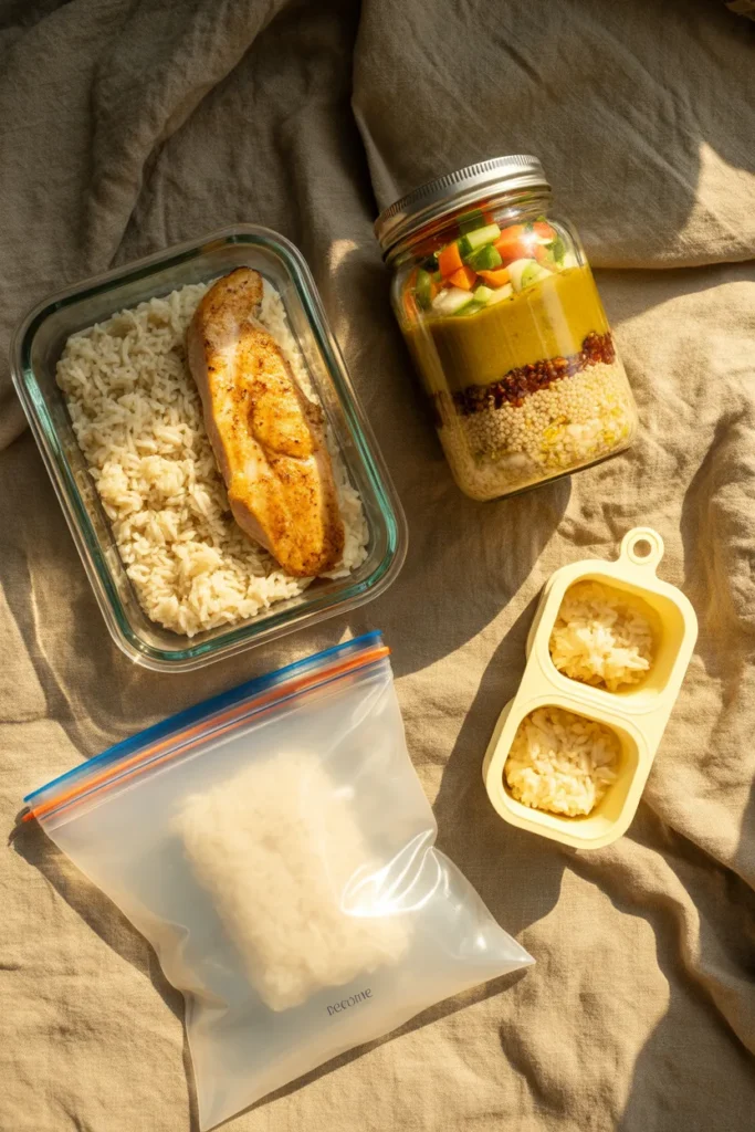 Glass meal prep container, mason jar grain salad, silicone freezer bag, and Souper Cube tray with portioned rice on oatmeal linen.