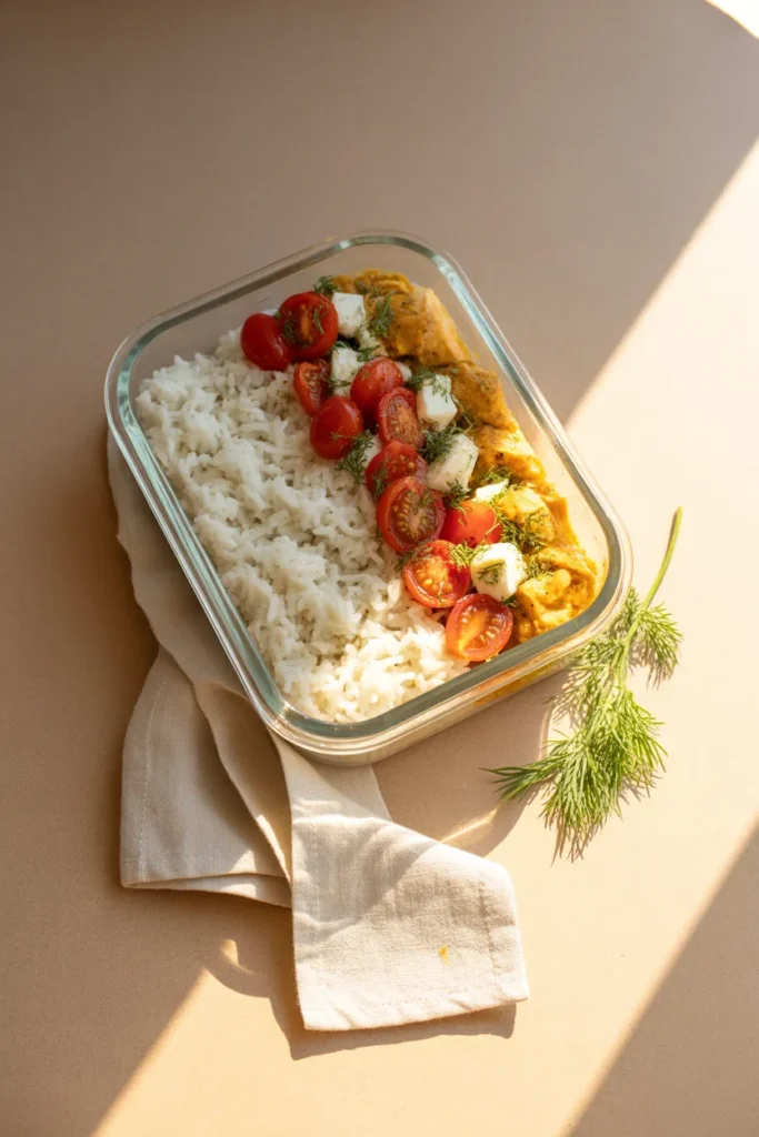 Glass meal prep container open and tilted showing jasmine rice, lemon herb chicken, roasted tomatoes, and feta.