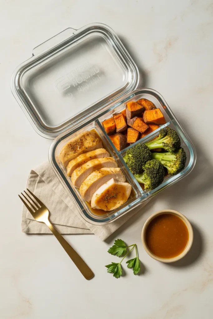 Glass meal prep container with honey garlic chicken, sweet potato cubes, and roasted broccoli portioned in three sections
