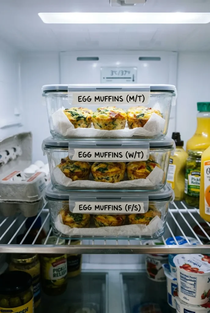 Glass meal prep containers stacked in a refrigerator holding egg muffin cups separated by paper towels.
