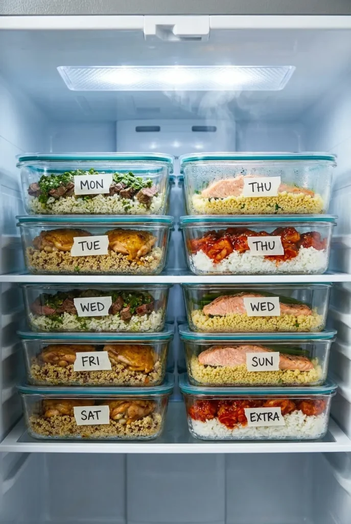 Glass meal prep containers stacked in a refrigerator with labeled days holding a week of grilled lunches.