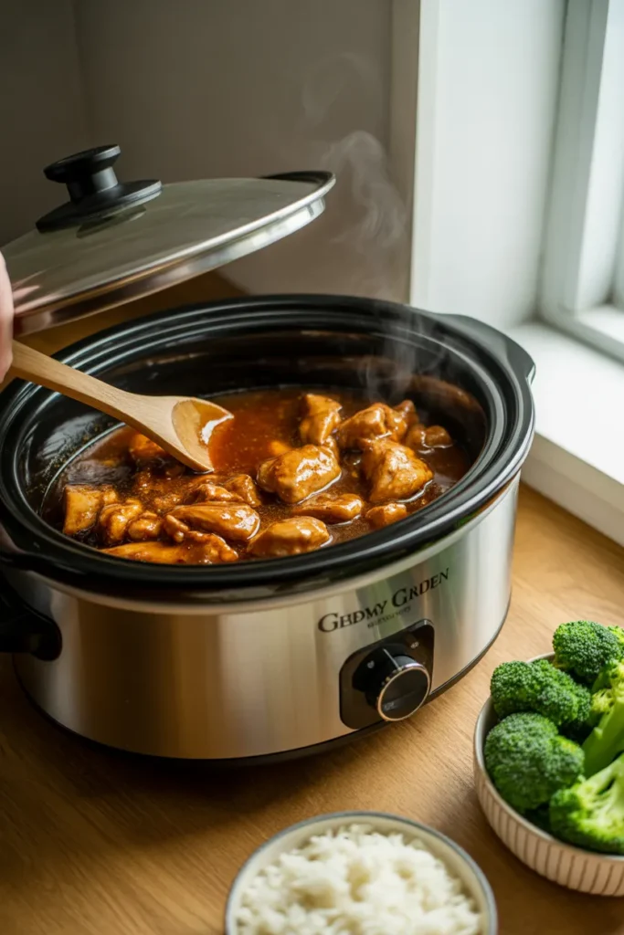 Glossy honey garlic chicken thighs in a slow cooker with thick amber sauce ready to serve over rice