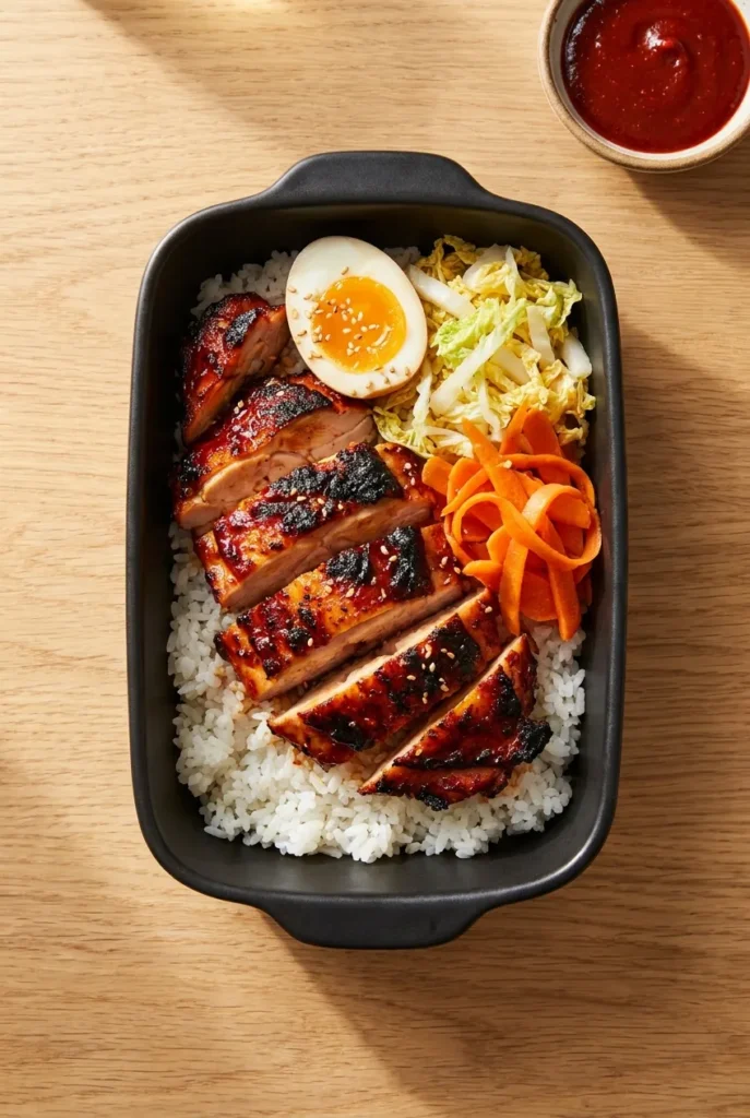 Gochujang grilled chicken meal prep with short grain rice, pickled carrots, and a soft boiled egg.