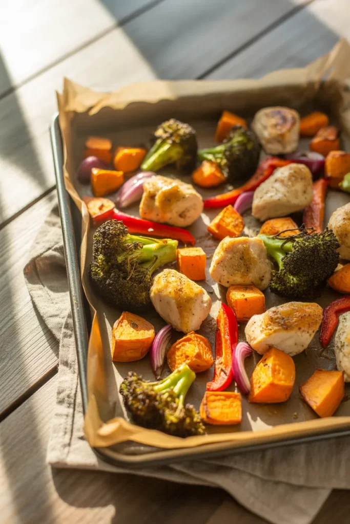 Golden sheet pan chicken and veggies fresh from the oven with caramelized sweet potato and charred broccoli