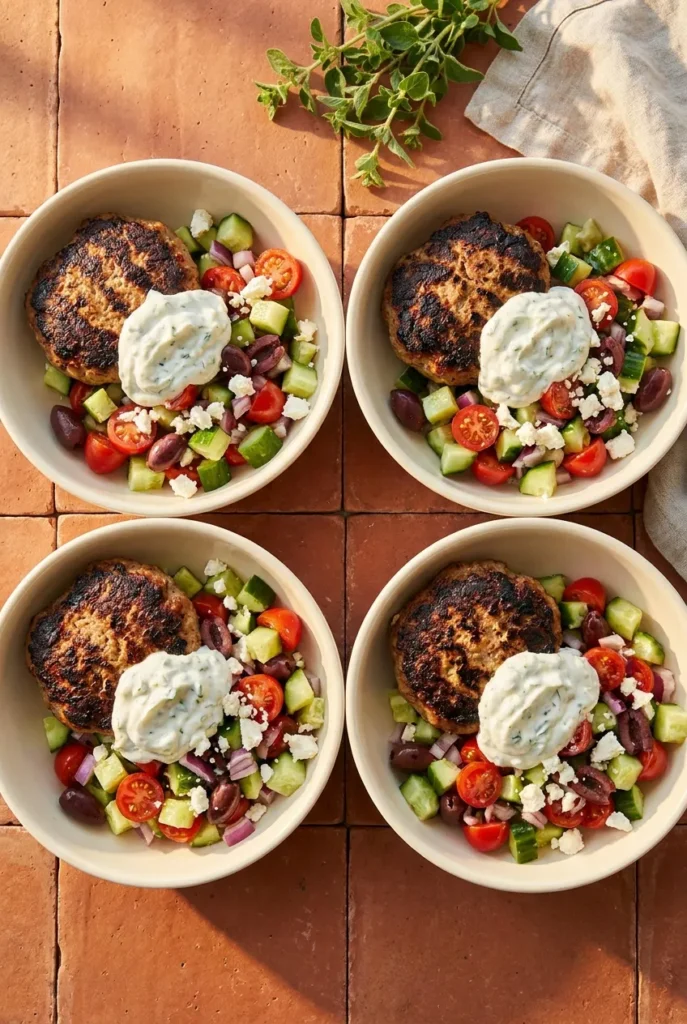 Greek grilled turkey burger meal prep bowls with cucumber, tomato, feta, kalamata olives, and tzatziki.