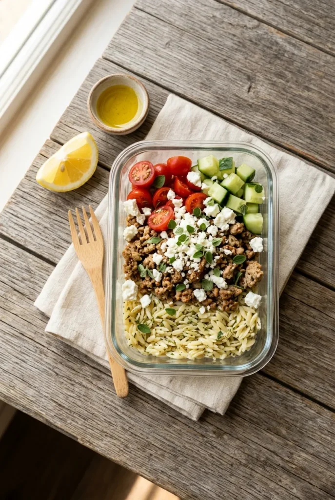 Greek ground turkey meal prep bowl with lemon orzo, feta, cherry tomatoes, and cucumber on cream linen.