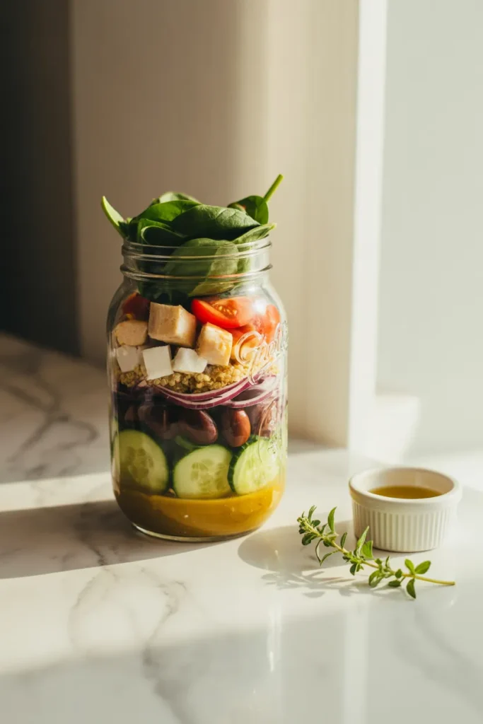 Greek mason jar salad with grilled chicken, quinoa, feta, and kalamata olives layered in a quart jar