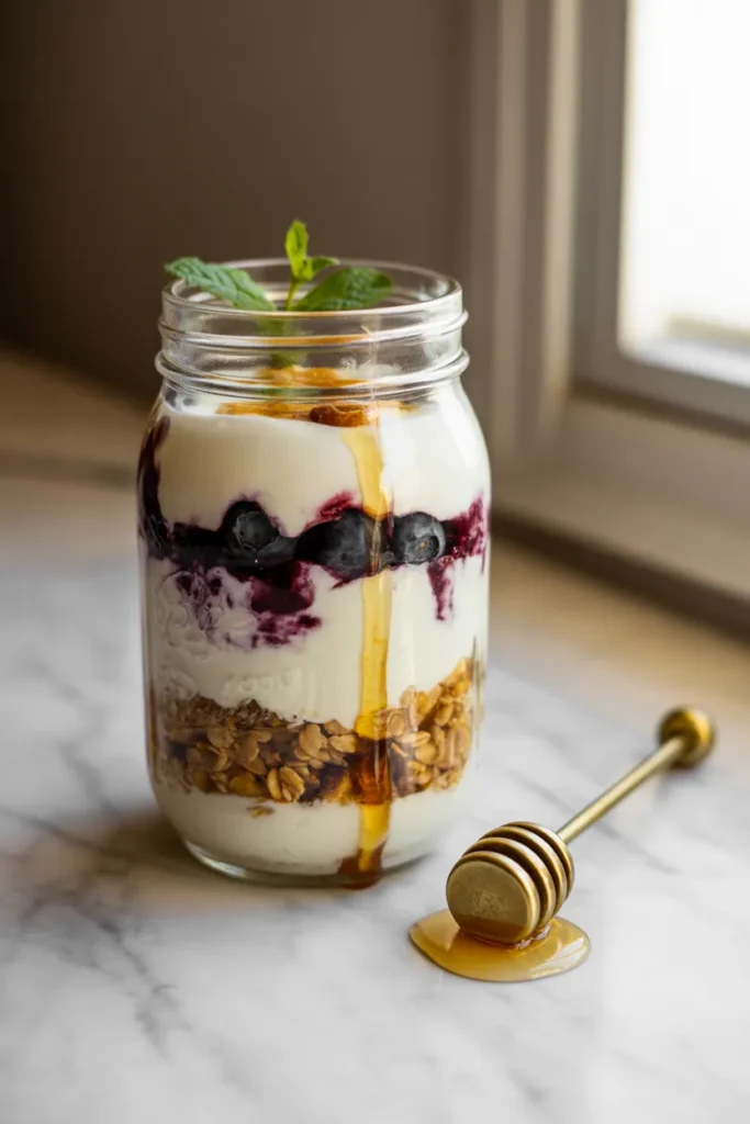 Greek yogurt parfait with blueberries and granola layered in a mason jar for high-protein snack prep.