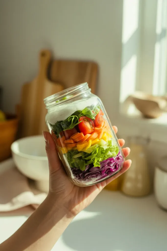 Hand holding a vibrant layered mason jar salad in front of a sunlit kitchen window for lunch meal prep inspiration
