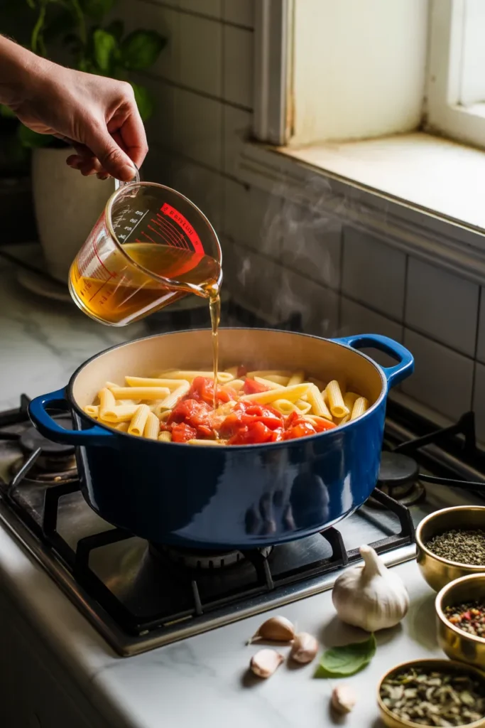 Hand pouring chicken broth from a glass measuring cup into a navy Dutch oven with penne pasta and tomatoes on a gas stove.