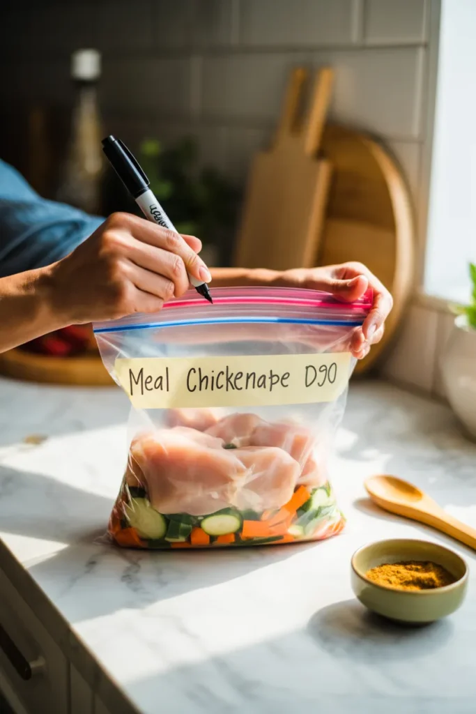 Hands labeling a gallon freezer dump bag with date and reheat instructions using a black Sharpie