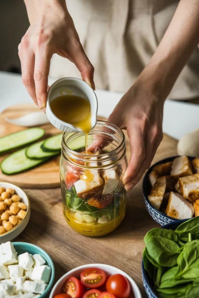 Hands pouring vinaigrette into a wide-mouth quart jar to start building a layered mason jar salad