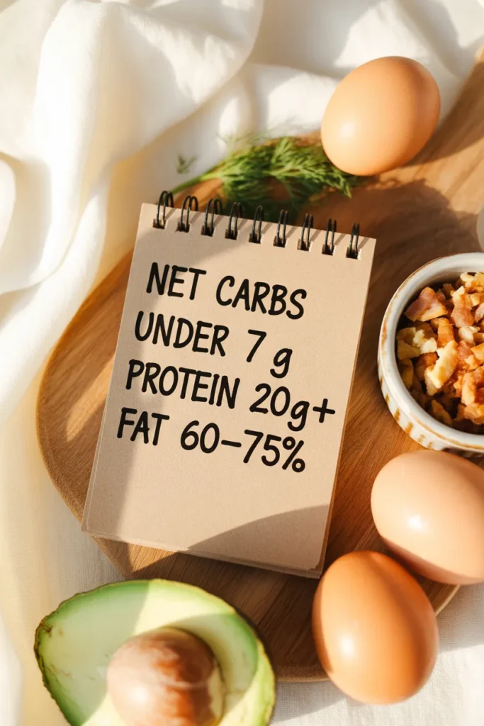 Handwritten keto breakfast macro targets on a notepad beside avocado, eggs, and bacon on a wood board.