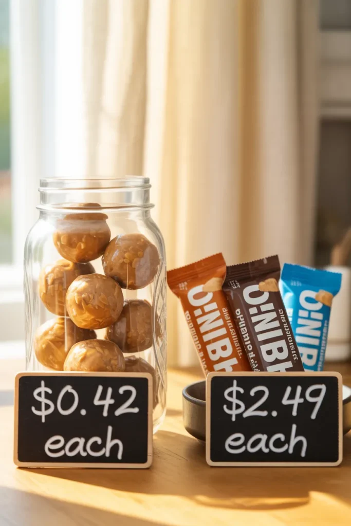 Homemade protein balls in glass jar next to packaged protein bars showing cost and ingredient comparison.