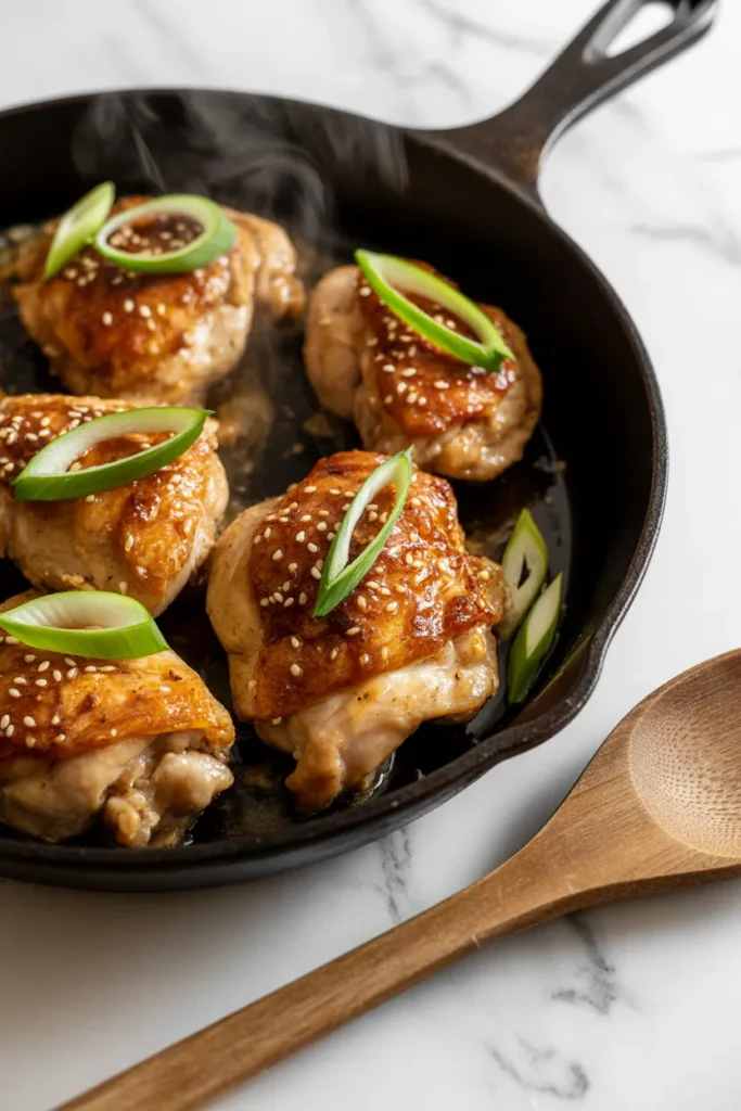 Honey garlic chicken thighs in a cast iron skillet with sesame seeds and green onions on white marble.