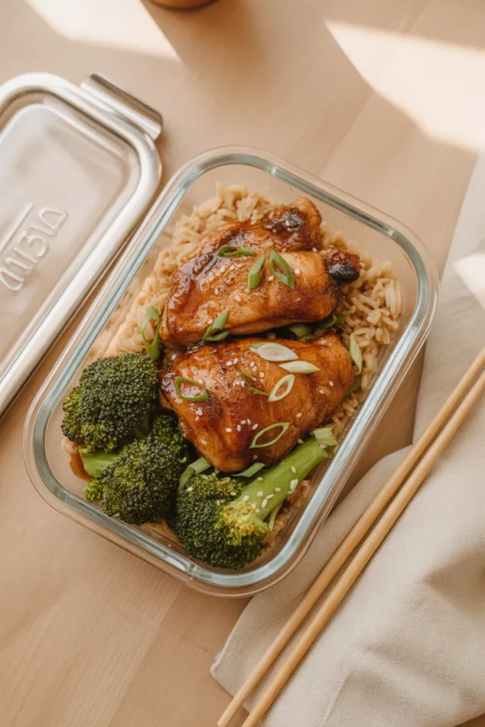 Honey garlic chicken thighs over jasmine rice with broccoli in a glass meal prep container topped with sesame seeds