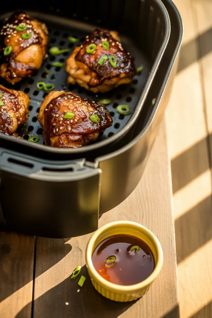 Honey garlic chicken thighs with caramelized edges resting in an air fryer basket