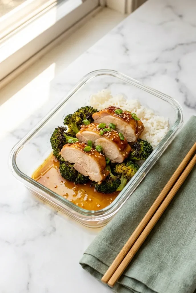 Honey garlic grilled chicken thigh bowl with jasmine rice and roasted broccoli in a glass meal prep container.