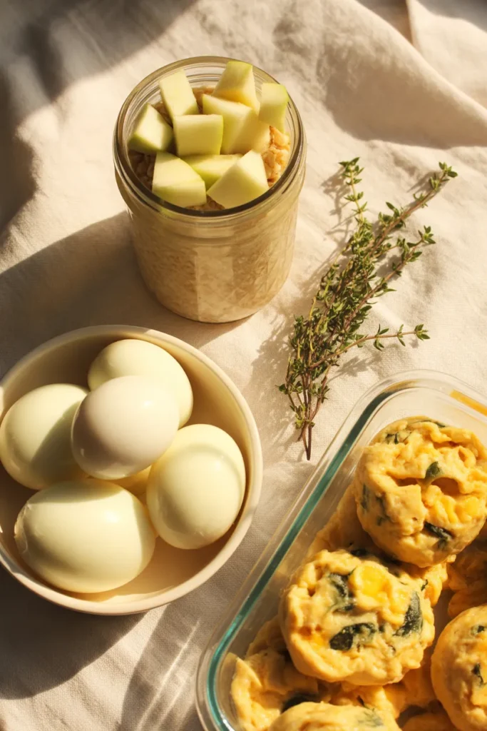 Instant Pot breakfast meal prep with steel-cut oats, hard-boiled eggs, and egg bites in glass containers.