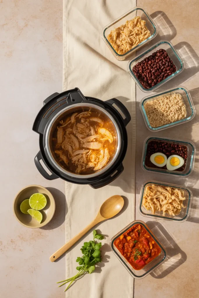 Instant Pot meal prep flat lay with six glass containers of shredded chicken, brown rice, beans, eggs, and chili.
