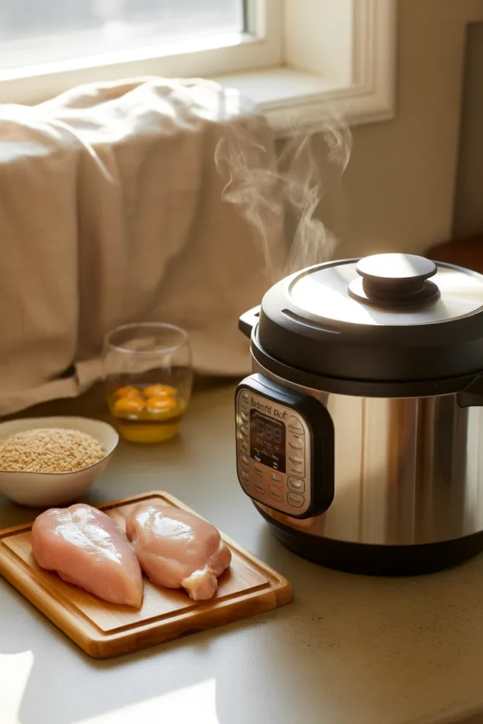 Instant Pot meal prep workflow with chicken, brown rice, and eggs prepped on a wooden cutting board.